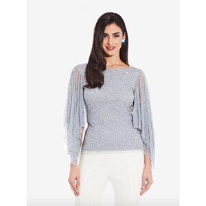 Adrianna Papell Beaded Flutter Sleeve Blue Heather Top 2 NWT
